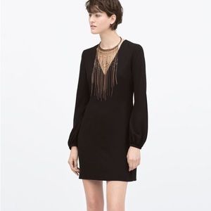 ZARA WOMAN V Neck Long Sleeve Black Mini Dress